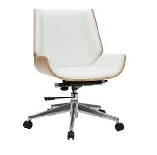 Chaise De Bureau à Roulettes Design Blanc, Bois Clair Et Acier Chromé Curved