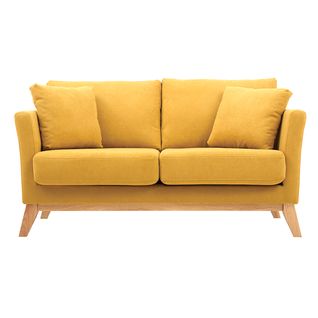 Canapé Scandinave Déhoussable 2 Places En Tissu Effet Velours Jaune Moutarde Et Bois Clair Oslo