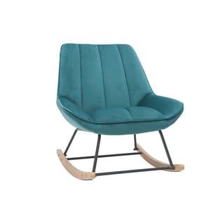 Rocking Chair Design En Tissu Velours Bleu Pétrole, Métal Noir Et Bois Clair Billie