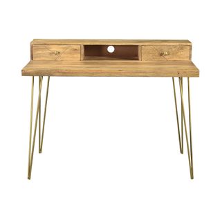 Bureau Avec Rangements Bois Manguier Massif Gravé Et Métal Doré L115 Cm Linium