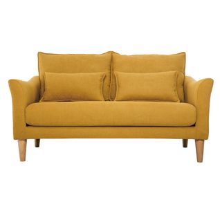 Canapé Scandinave 2 Places En Tissu Effet Velours Jaune Moutarde Et Bois Clair Kate