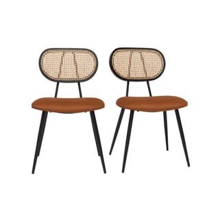 Chaises Design En Velours Terre Brûlée, Métal Noir Et Cannage Rotin Naturel (lot De 2) Tolma