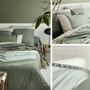 Parure De Lit 280x240 Cm 50x70 Cm Percale Coton Noa Vert Kaki 3 Pièces