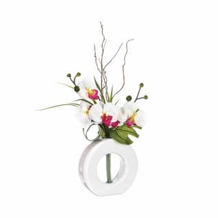 Composition Florale Vase Blanc - Hauteur 44 Cm - Orchidée Fleur Rose