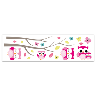 Sticker Enfant Chouettes - 70 X 20 Cm - Blanc Et Rose