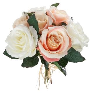 Bouquet De 7 Roses Vieillies - H. 30 Cm - Blanc Et Rose