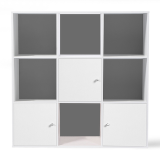 Meuble De Rangement Cube Rudy 9 Cases Bois Blanc Avec 3 Portes Fond Gris