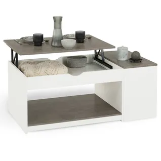 Table Basse Plateau Relevable Rectangulaire Elea Avec Coffre Bois Blanc Et Effet Béton