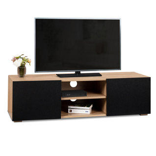 Meuble TV 113 Cm Eli Bois Façon Hêtre Portes Noires