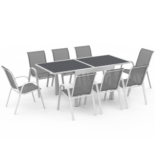 Salon De Jardin Poly Extensible Table 90-180 Cm Et 8 Chaises Blanc Et Gris