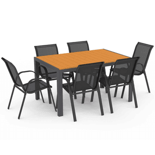 Salon De Jardin Poly Table 150 Cm Et 6 Chaises Empilables Bois Et Gris Anthracite