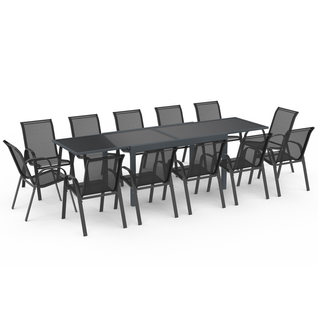 Salon De Jardin Madrid Table Extensible Gris 135-270 Cm Et 12 Chaises Empilables Gris Anthracite