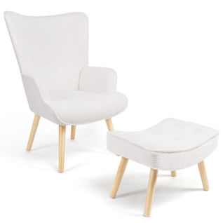 Fauteuil Scandinave Ivar Avec Repose Pieds En Tissu Bouclette Blanc