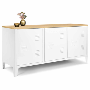 Buffet Bas 113 Cm Ester 3 Portes Métal Blanc Plateau Bois Design Industriel