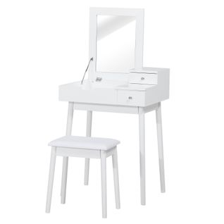 Coiffeuse Avec Tabouret Miroir Rabattable Coffre + 2 Tiroirs Blanc