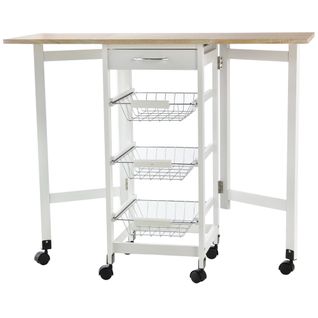 Desserte De Cuisine 3 Paniers Métal + Tiroir + Rallonges Mdf Blanc Chêne Clair