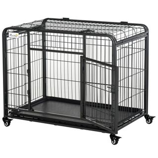 Cage Chiens Pliable Sur Roulettes 2 Portes Verrouillables Métal Gris Noir