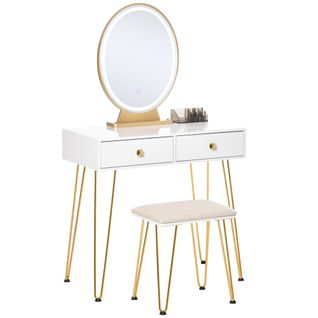 Coiffeuse Design - Miroir Led Intégré - 2 Tiroirs + 1 Organisateur - Tabouret Inclus