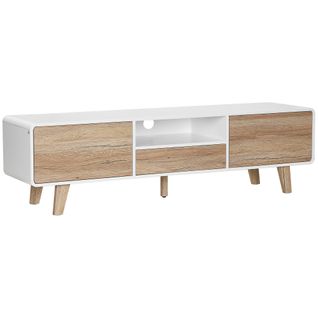 Meuble TV Bas Sur Pied Style Scandinave Mdf Blanc Aspect Chêne Clair