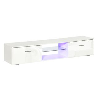 Meuble TV LED Style Contemporain - 2 Placards, Étagère Verre - Blanc Laqué