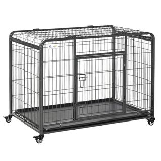 Cage Chiens Pliable Sur Roulettes 2 Portes Verrouillables Métal Gris Noir