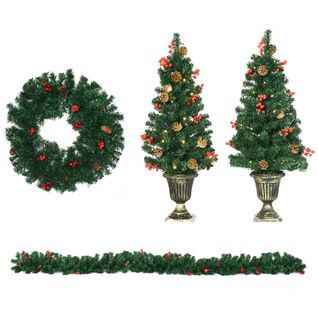 Lot De 4 Décorations De Noël LED - Couronne, Guirlande, 2 Sapins Avec Pots