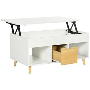 Table Basse Relevable - Tiroir, 2 Niches, Coffre - Bois Clair Blanc