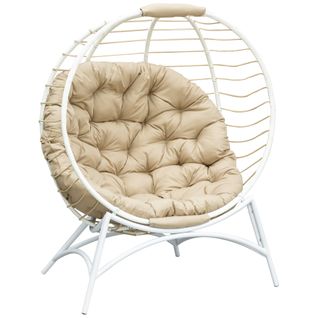 Fauteuil Cocon Oeuf Sur Pied Design Pliable Avec Coussin Beige Blanc