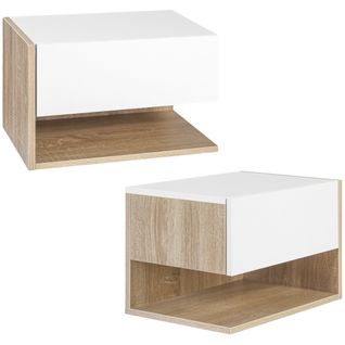 Lot De 2 Tables De Chevet Murales - Tiroir, Étagère - Chêne Clair Blanc