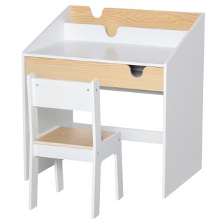 Bureau Enfant Et Tabouret Style Scandinave Blanc Aspect Bois De Pin