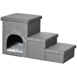 Escalier Pour Chat Chien Niche Coffre 3 En 1 - Coussin Inclus - Tissu Gris