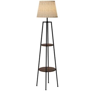 Lampadaire Design Contemporain 2 Étagères 166h Cm Métal Noir Aspect Bois Noyer Tissu Beige