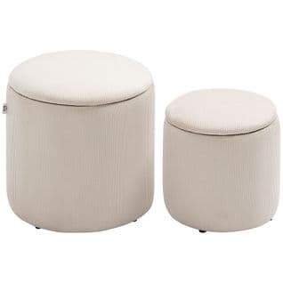 Lot De 2 Poufs Coffres Velours Cotelé - Ø 40 Et 30 Cm - Tissu Crème