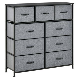 Rangement Commode 9 Tiroirs Plateau Acier Mdf Noir Non Tissé Gris