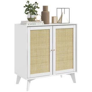 Buffet 2 Portes Étagère Style Bohème Cannage Rotin Mdf Blanc