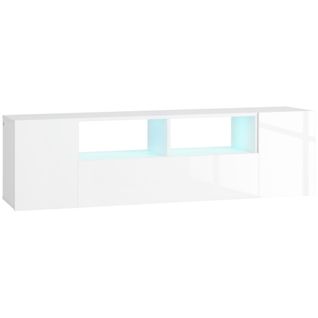 Meuble TV Banc TV LED 2 Étagères Placards Blanc Laqué