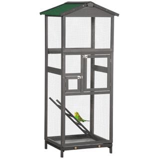 Cage à Oiseaux Volière Grande Taille 2 Portes Toit Tiroir Bois Gris