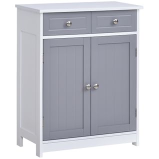 Meuble Bas Salle De Bain - 2 Portes, 2 Tiroirs, Étagère - Mdf Blanc Gris