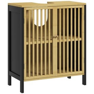 Meuble Sous-vasque 2 Portes Étagère Mdf Noir Bambou Verni