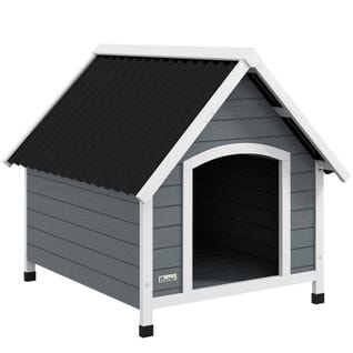 Niche Chien Design Chalet Sur Pied Plastique Noir Bois Blanc Gris