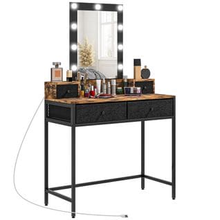 Coiffeuse Style Industriel - Miroir LED - 4 Tiroirs - Acier Noir Bois Vieilli