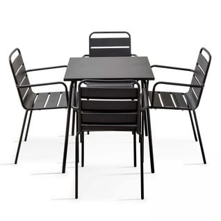 Palavas - Ensemble Table De Jardin Carrée Et 4 Fauteuils Acier Gris