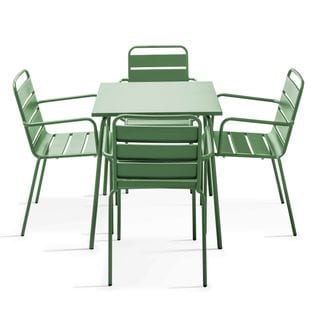 Palavas - Ensemble Table De Jardin Carrée Et 4 Fauteuils Acier Vert Cactus