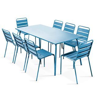 Palavas - Ensemble Table De Jardin Et 8 Chaises En Métal Bleu Pacific