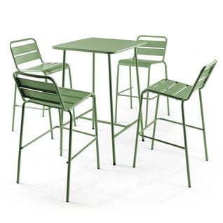 Table De Bar 70x70x105cm Et 4 Chaises Hautes 49x58x101cm, En Acier, Palavas Vert