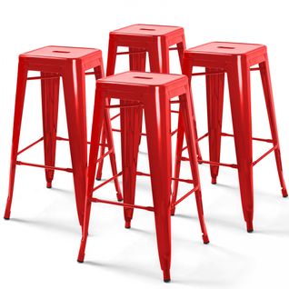 Lot De 4 Tabourets De Bar Acier Rouge Brillant