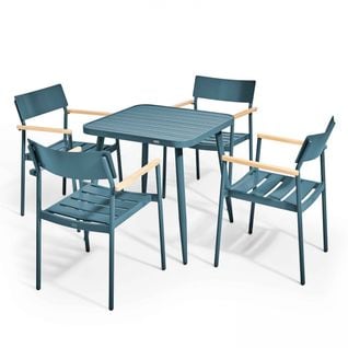 Ensemble Table De Jardin Et 4 Fauteuils En Aluminium/bois Bleu Canard