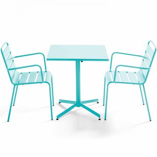 Palavas - Ensemble Table De Jardin Carrée Et 2 Fauteuils Métal Turquoise