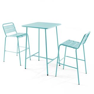 Palavas - Ensemble Table De Bar Et 2 Chaises Hautes En Métal Turquoise