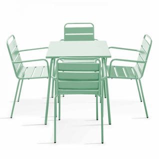 Palavas - Ensemble Table De Jardin Carrée Et 4 Fauteuils Acier Vert Sauge